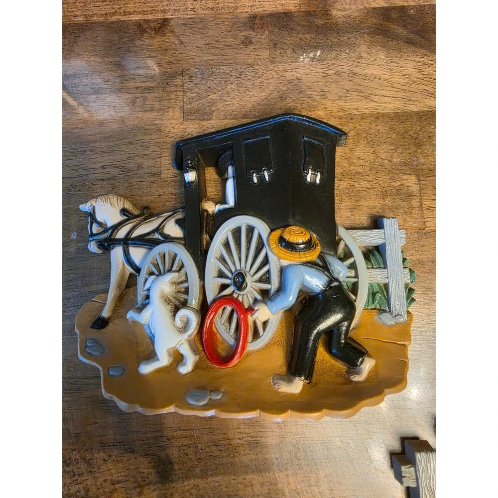 Vintage Burwood Products Amish Country Wall Hanging Set 2pc Barn Carriage USA